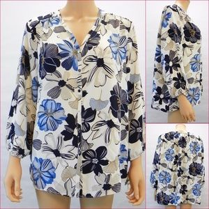 Charter Club Floral Button Front V Neck Blouse Top